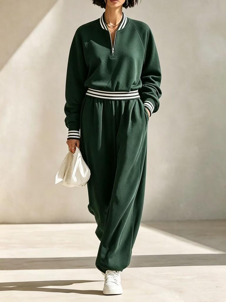 1116 Autumn and Winter New European and American Striped Spliced Half-zipper Sweater and Wide-leg Sweatpants Suit for Women