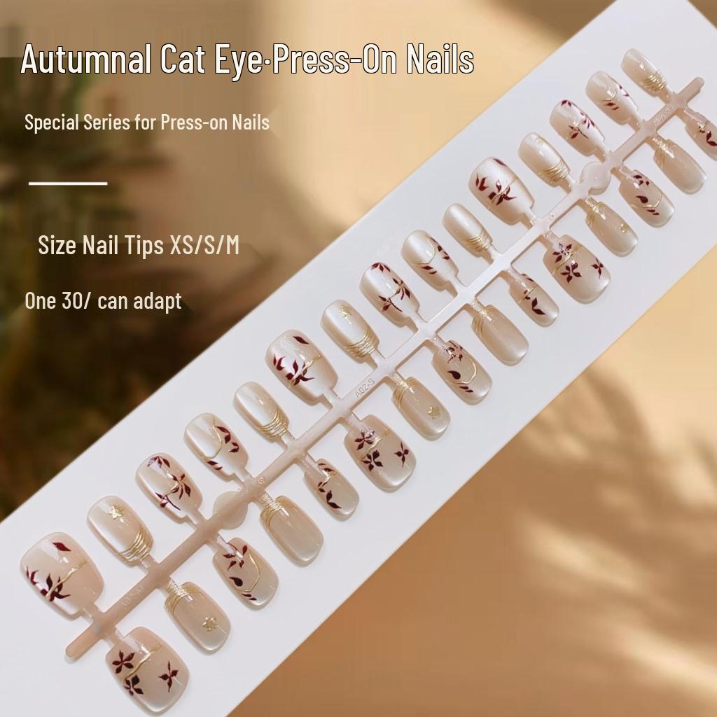 

New Autumn Cat Eye 3D Gilded Nail Art: Chinese-Style Wearable Temperament Fake Nails.