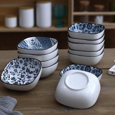 4/6 sztuk ceramicznych kwadratowych japońskich talerzyków na sos niebiesko-biała porcelana talerze do sushi pojemniki na sos pomidorowy i musztardę, Przystawka