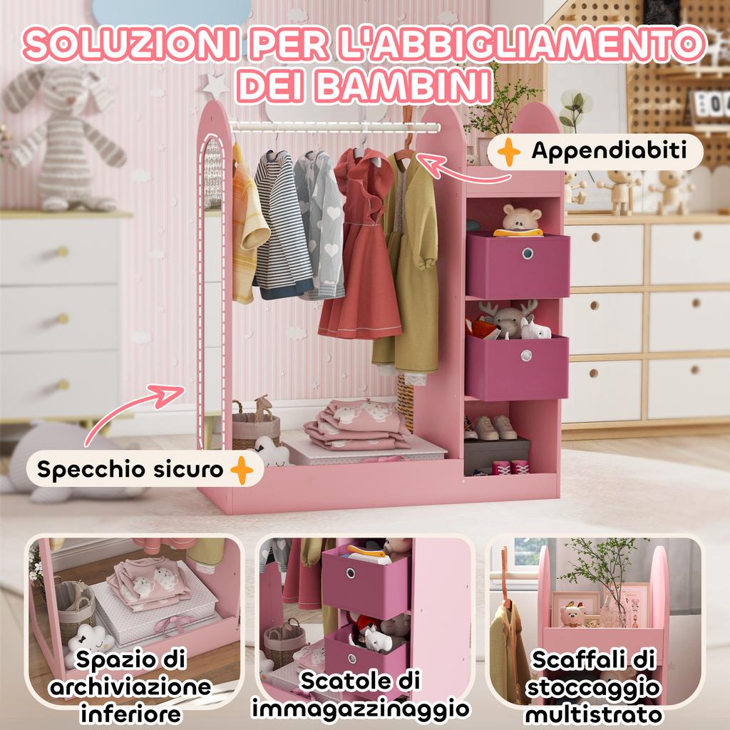 Kids Clothes Rail with Storage Shelf, Boxes, Mirror for Bedroom, Nursery, Pink
