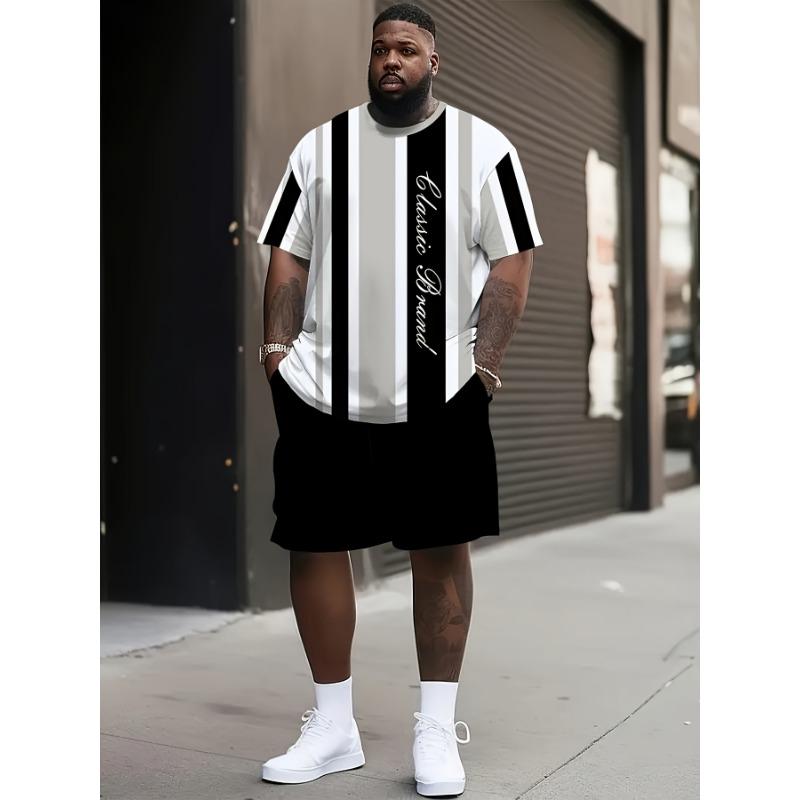 Men s Summer Striped Print Set: Black & White Vertical Tee with Lettering & Solid Shorts. Loose Fit Big Size for Urban Street S разноцветный
