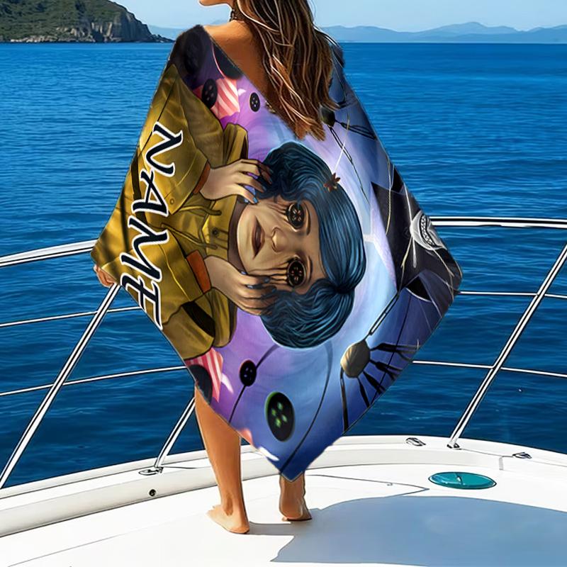 1pc Coraline5 Beach Towel with Custom Name, Beach/Swimming/Bath/Picnic/Camping Towel, Suitable for Seaside Beaches