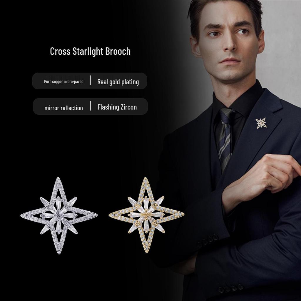 Cross Starlight Zircon Copper Brooch - Elegant Eight-Pointed Star Lapel Pin for Men & Women