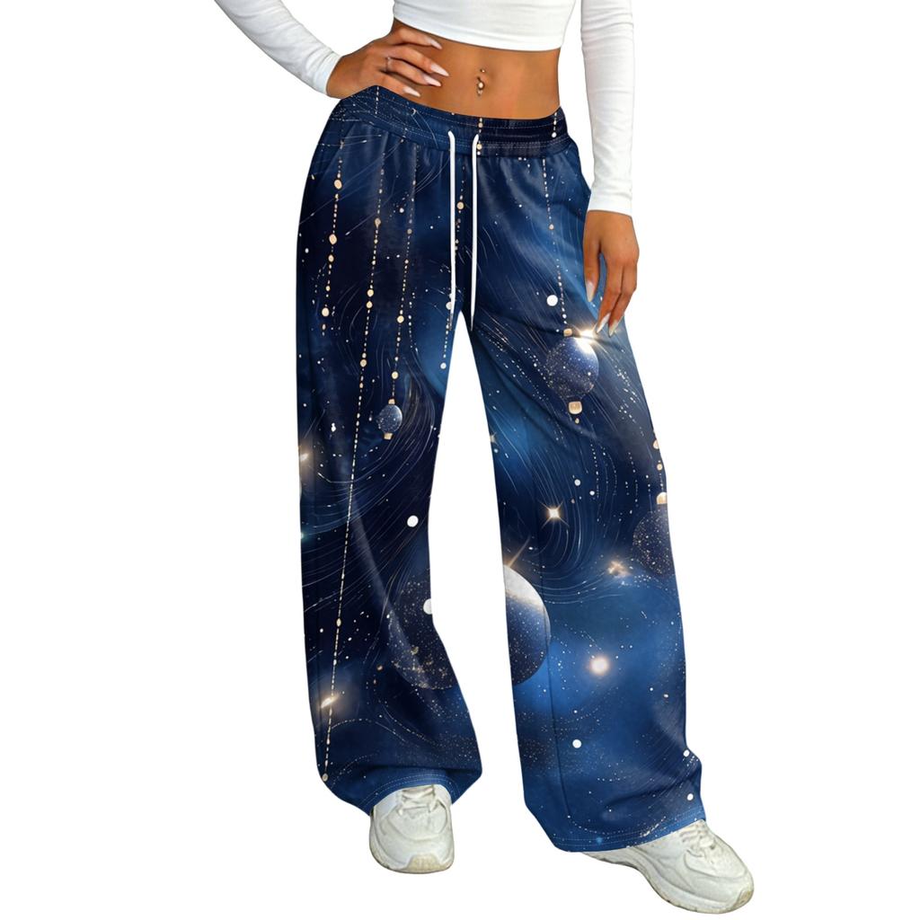 Women's Casual Christmas Print -Lined Loose Fit Straight Leg Pants with and Elastic Waistband