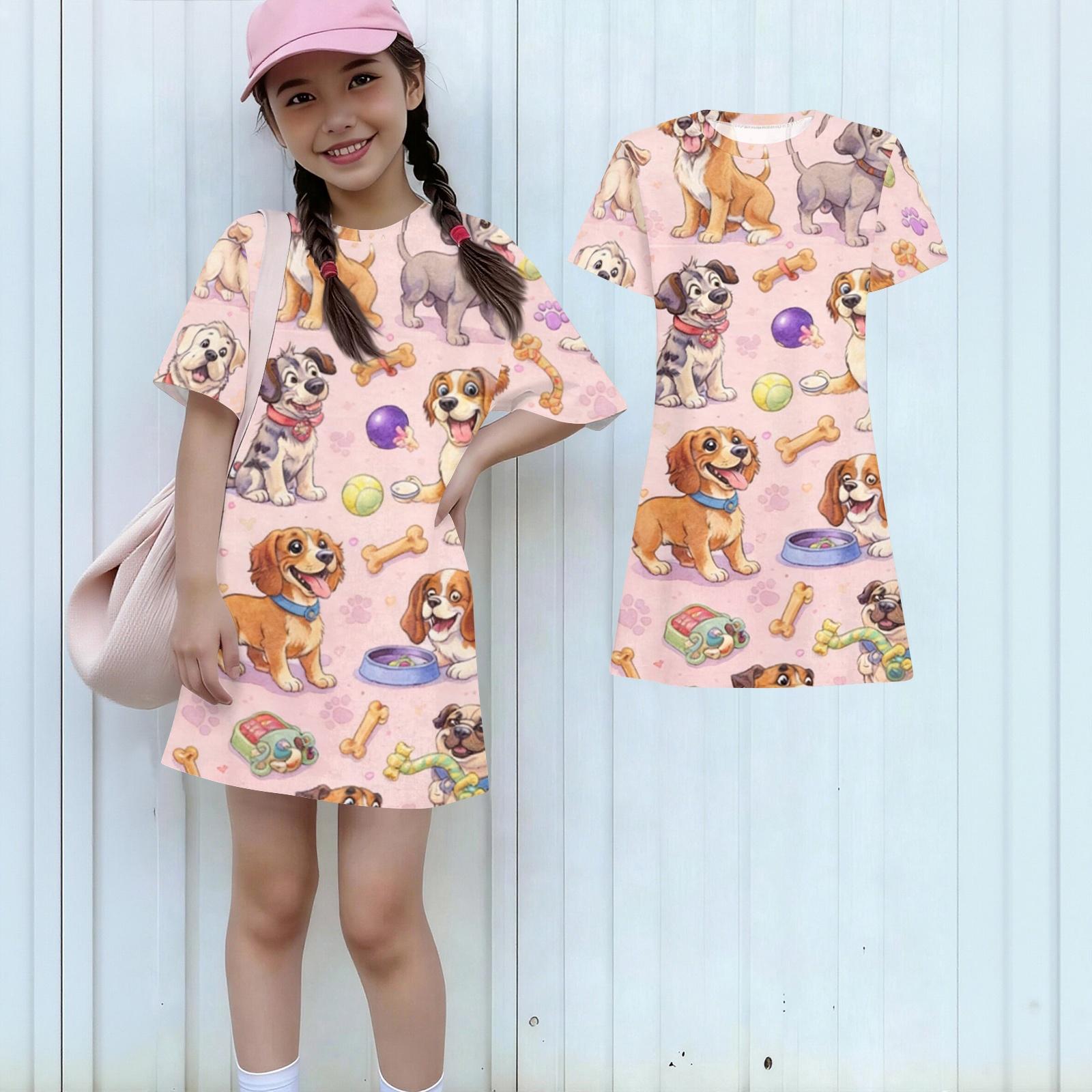 

Girls Loose Fit Short Sleeve Dress Kids Round Neck Casual Lightweight Dress with Animal Print Suitable for Daily Wear and Outdoor Activities 150 рожевий