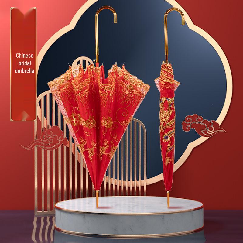 Eleganter roter Brautschirm mit gestickter Spitzkante und langem Griff für Hochzeiten