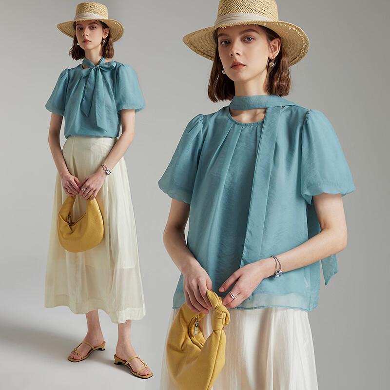 Women s French Puff Sleeve Bow Tie Blouse M светло-синий