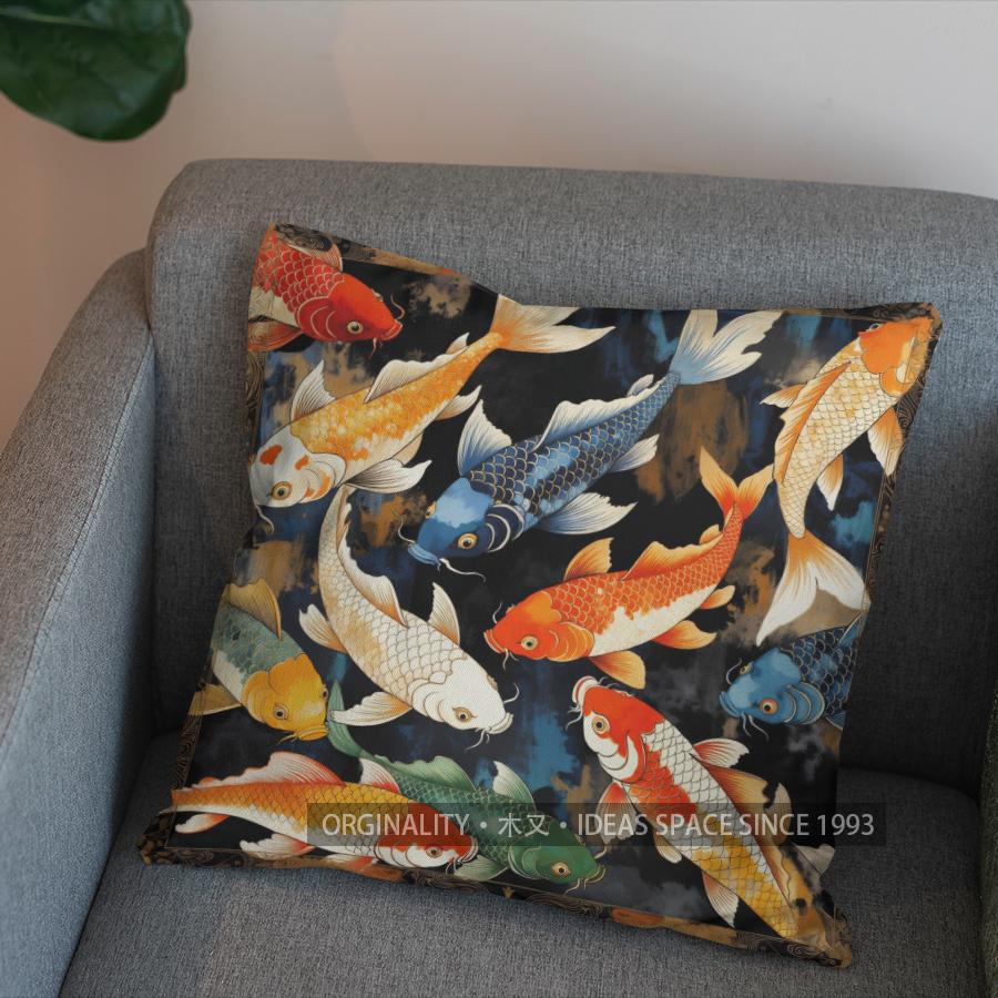 2D Colorful Koi Fish In Wave Pattern Pillow Cover Pattern Cushion Cover Suitable For Sofa Bedroom Car Pillow Cover