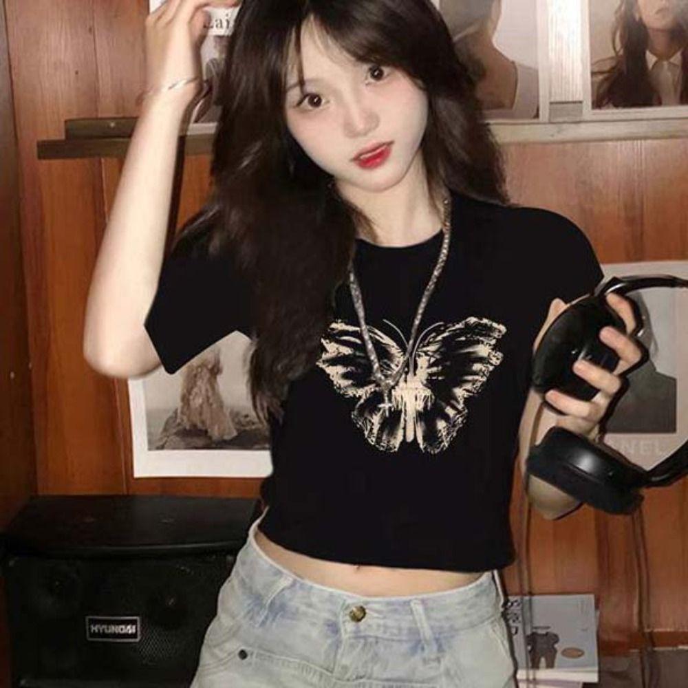 

Short Pullover Short Sleeves Top Crew Neck Butterfly Printed T-Shirt Retro Girl M