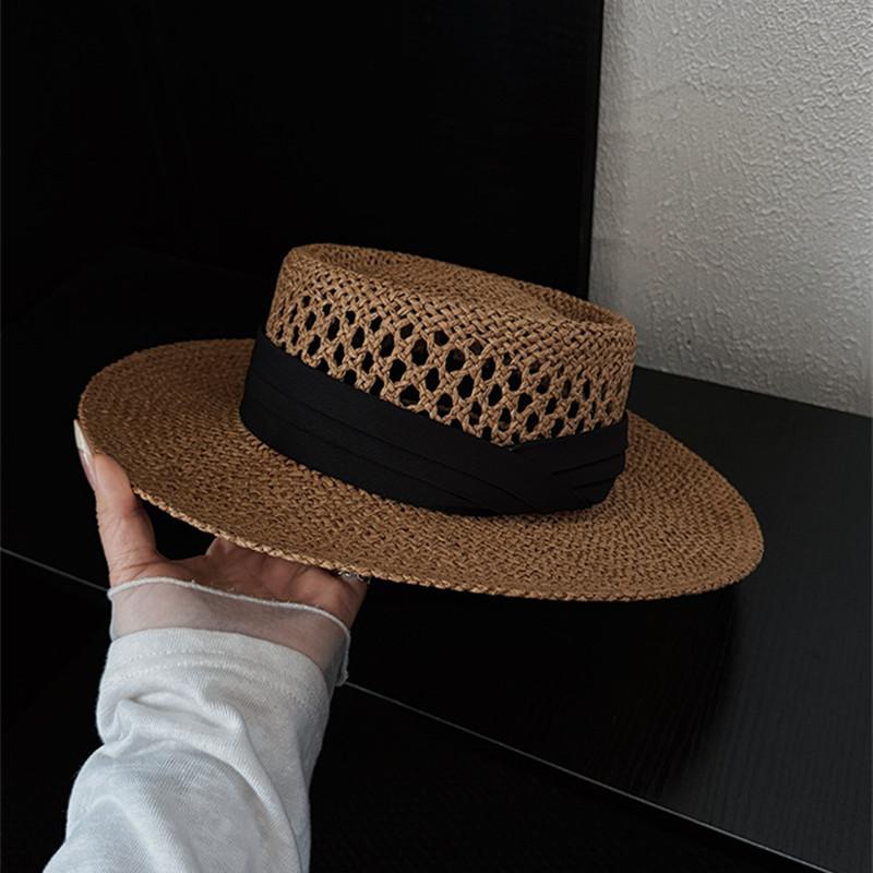 Spring Summer Vintage Hollow Out Flat Top Straw Hat Woman Sun Protection Vacation Beach Hat