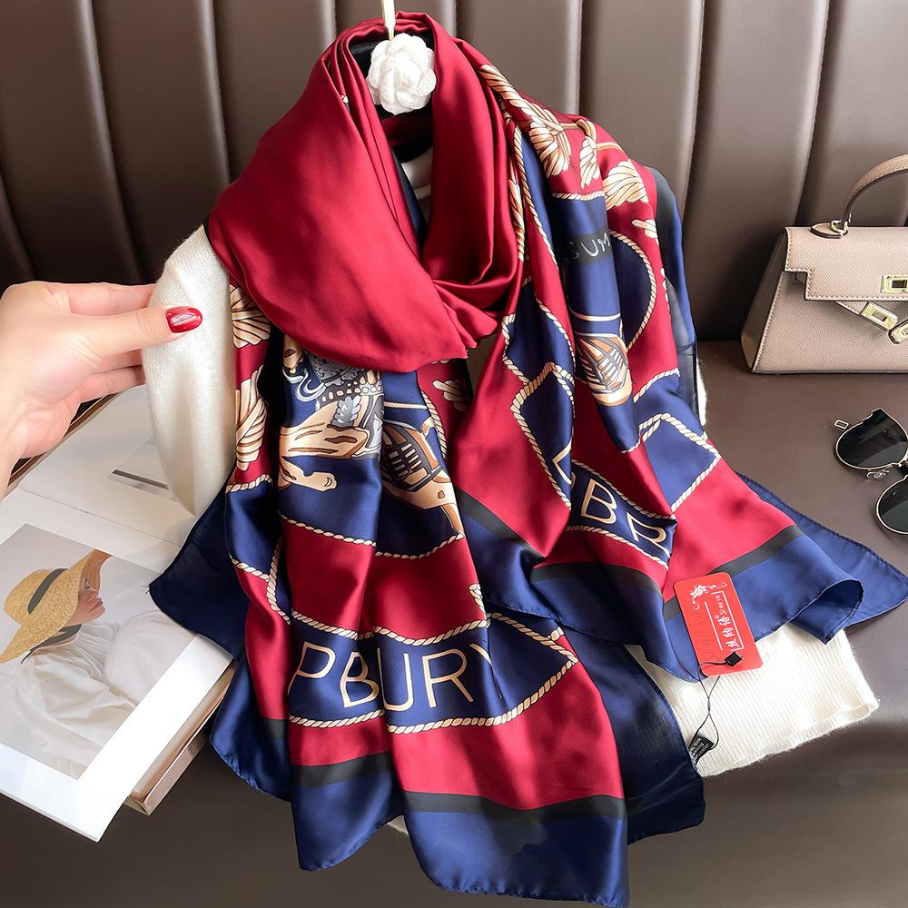 New silk scarf new silk satin printed shawl holiday fashion sunscreen long section simulation silk scarf