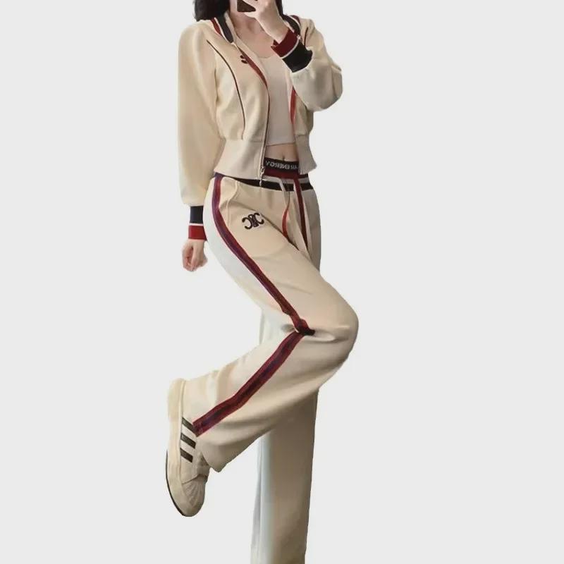 Women's Autumn 2024 Hooded Cardigan & Wide-Leg Pants Two-Piece Stylish Set