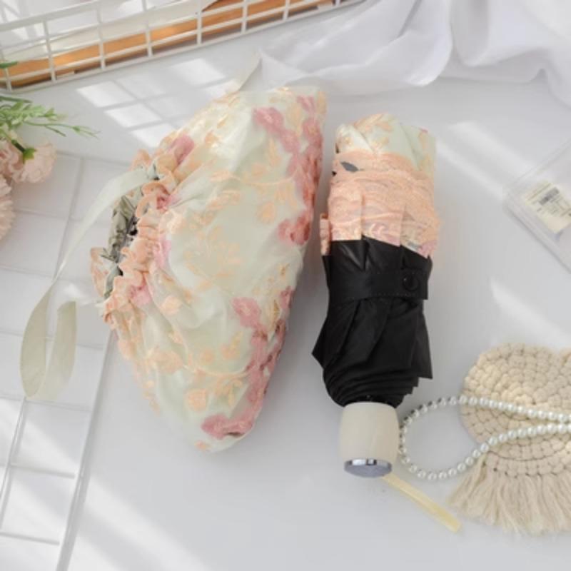 Double Layered Mini Five Fold Umbrella Embroidered with Flowers Black Glue Sun Protection UV Protection Rain Sunny Dual-purpose Sun Umbrella