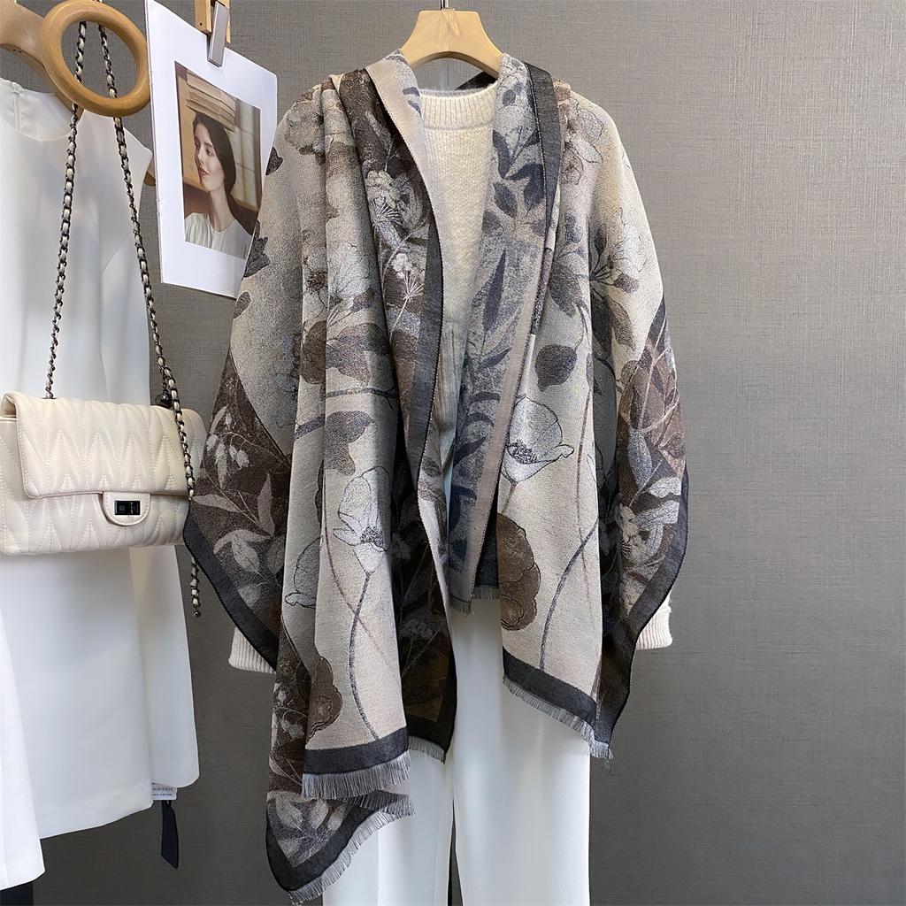Autumn/Winter Luxury Warm Scarf Women’s Tassel Shawl Imitation Cashmere Pashmina Warps 70*185cm Length Coldproof Floral Blanket