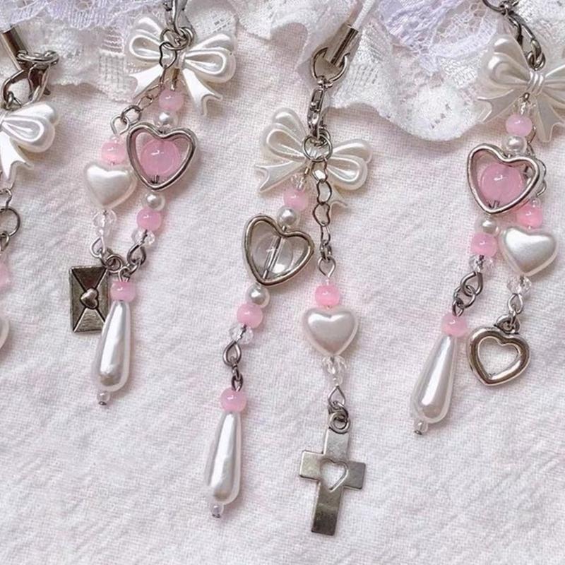 Sweet Bowknot Phone Chain Ornament Heart Beaded Cellphone Pendant Phone Lanyard Bag Ornament for Fashion Individuals