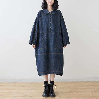 Jeans Lässig Langarm Kragen Kleid Übergröße Damen Freizeitkleid Koreanische Version