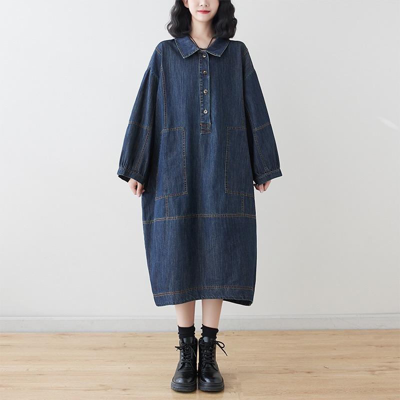 LYRIA Denim Casual Long Sleeve Collar Dress Large Size Women's Leisure Dress Korean Version