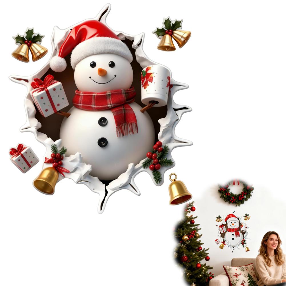 3D Cristmas Wall Stickers,Snowman/Reindeer/Santa Break Through Wall Stickers Decal for Toilet, Window Home Holiday Party Decor
