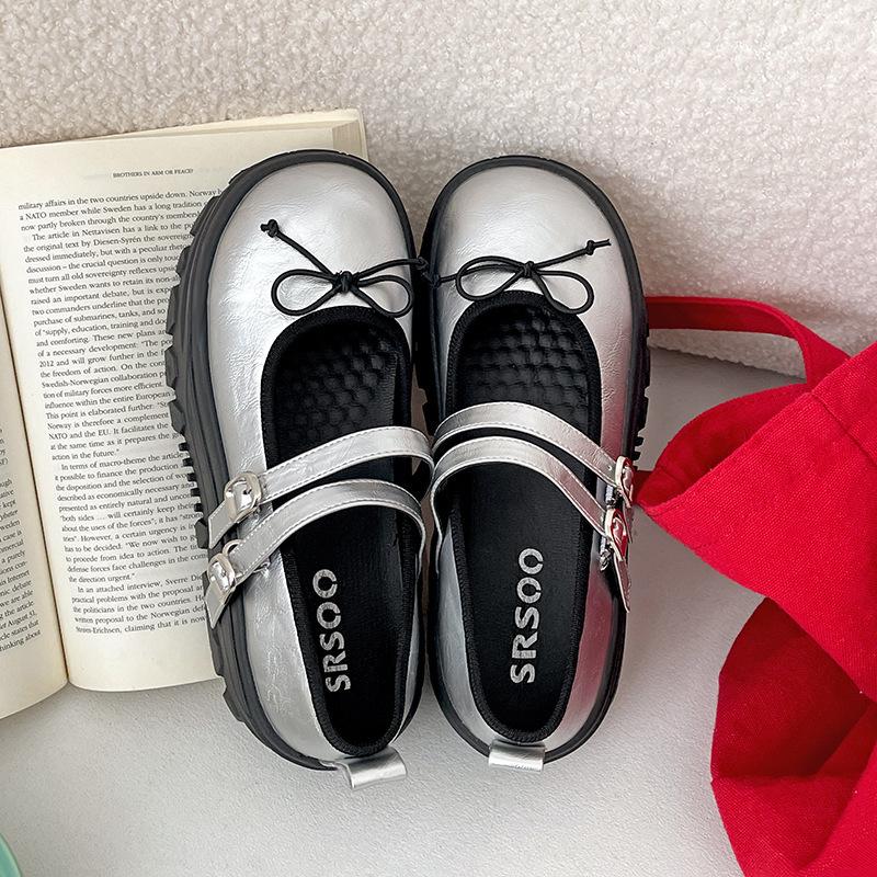 

Fashion versatile black retro thick-soled shallow mouth small leather shoes single shoes women s summer 2025 new height-increasing Mary Jane shoes 40 срібний