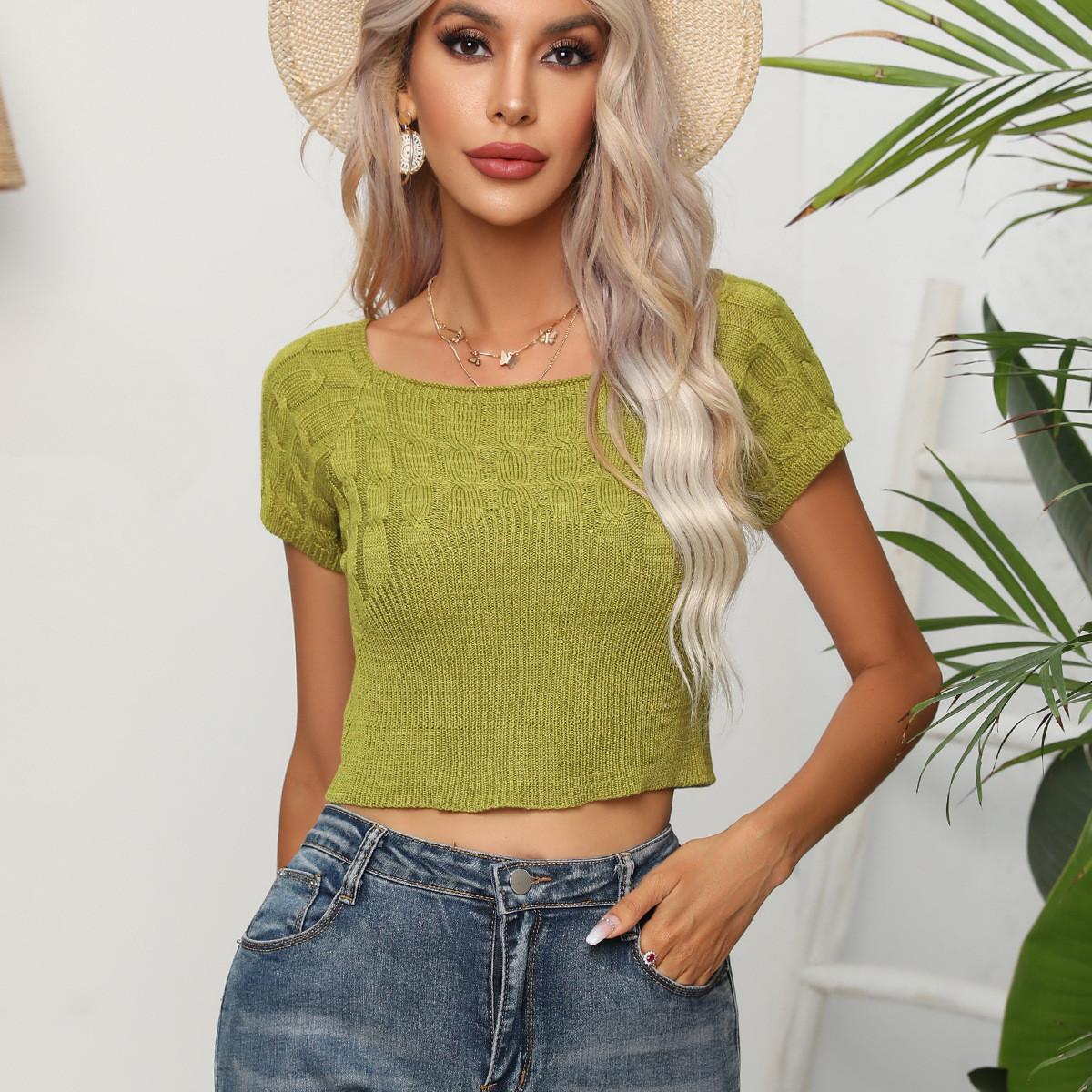 

GMXIA Женская мода Повседневное однотонный принт Лето-весна с коротким рукавом и круглым вырезом Трикотажные короткие рукава XL зелёный