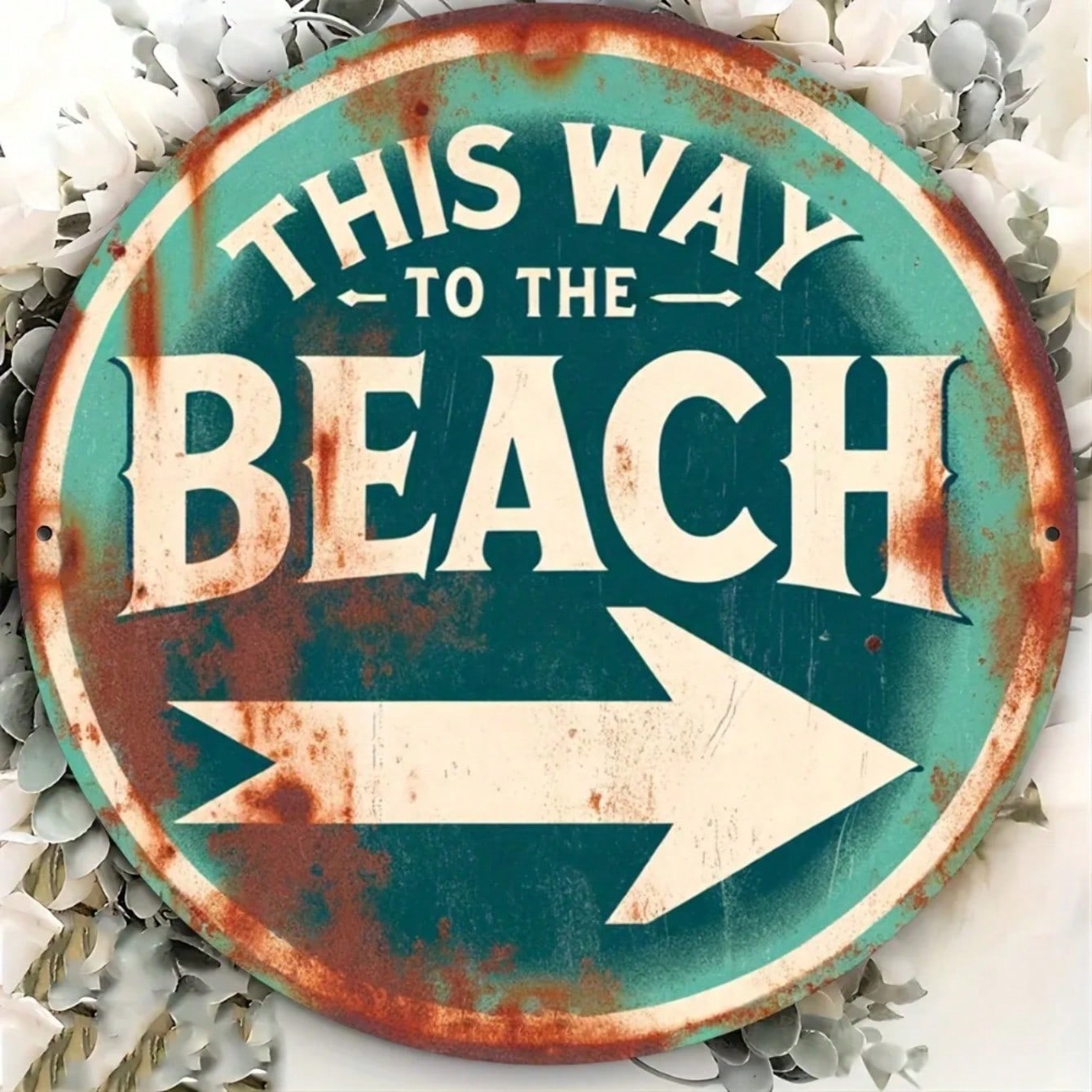 Vintage Beach Metal Wall Art Round 8x8 Inch Aluminum Sign Teal Red Rustic Home Decor 20x20