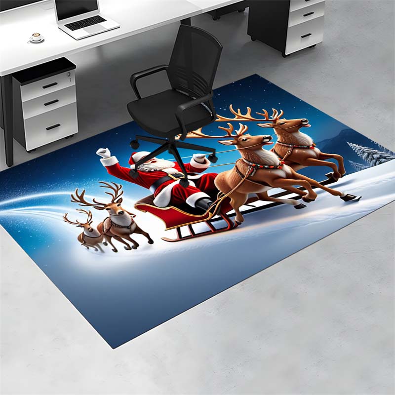 Santa Claus Reindeer Sleigh Snowy Starry Sky Print Area Rug Non‑Slip Rectangular Floor Mat Home Decor