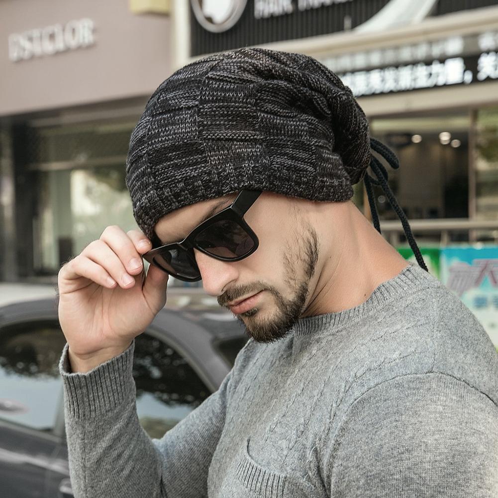 

Unisex Thicken Velvet Knitting Wool Hat Autumn Winter Warm Lacing Solid Color Beanie black #1