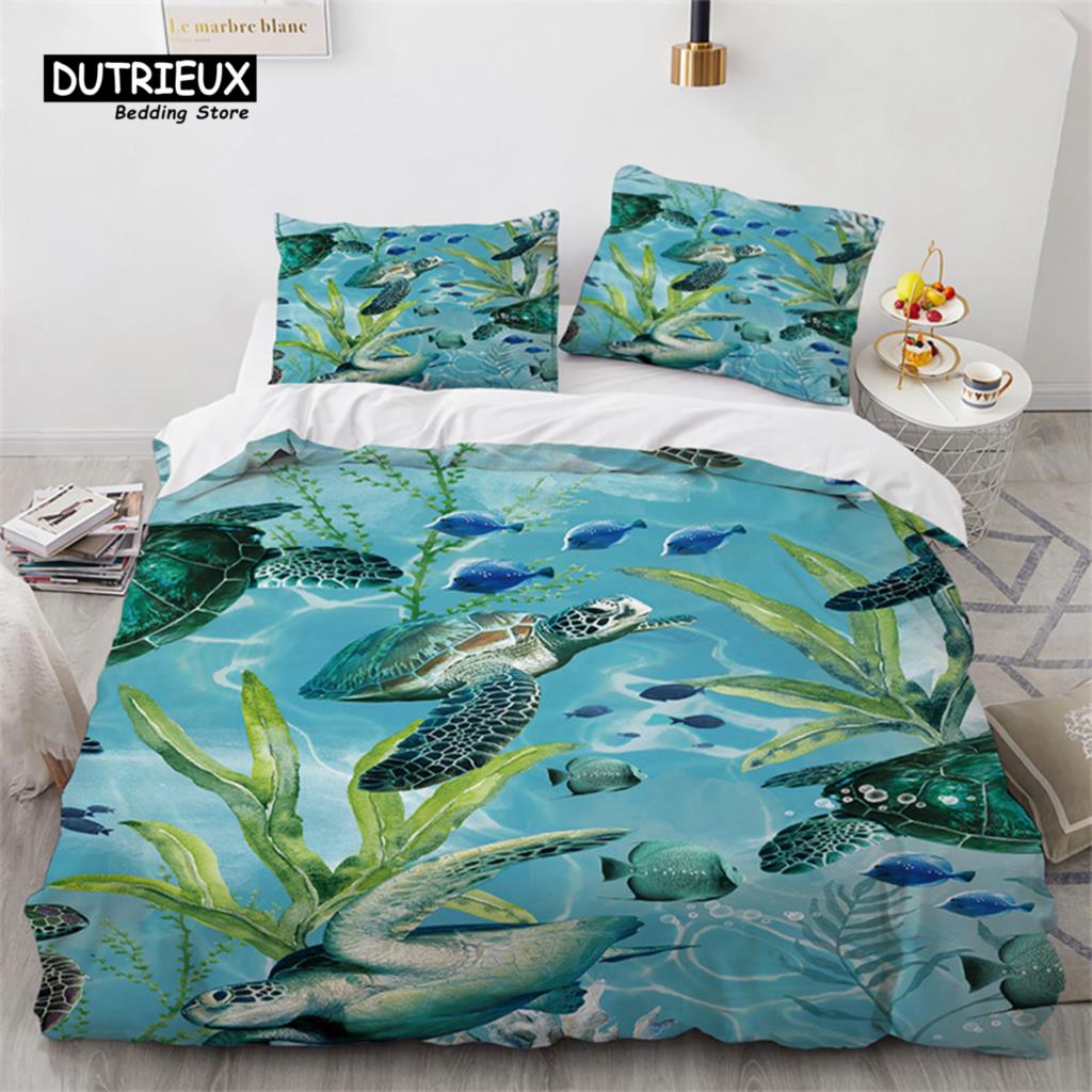 Poszwa na kołdrę z żółwiem morskim w stylu śródziemnomorskim, zestaw pościeli z nadrukiem zwierząt oceanicznych: ośmiornica, konik morski, motyw morski z poszewkami na poduszki