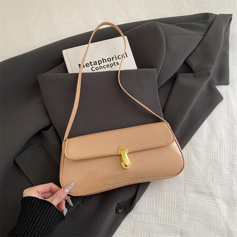 Vintage Glossy Solid Color PU Leather Women's Shoulder Bags Fashi Lock Ladies Underarm Bags Versatile Female Small Square Bag