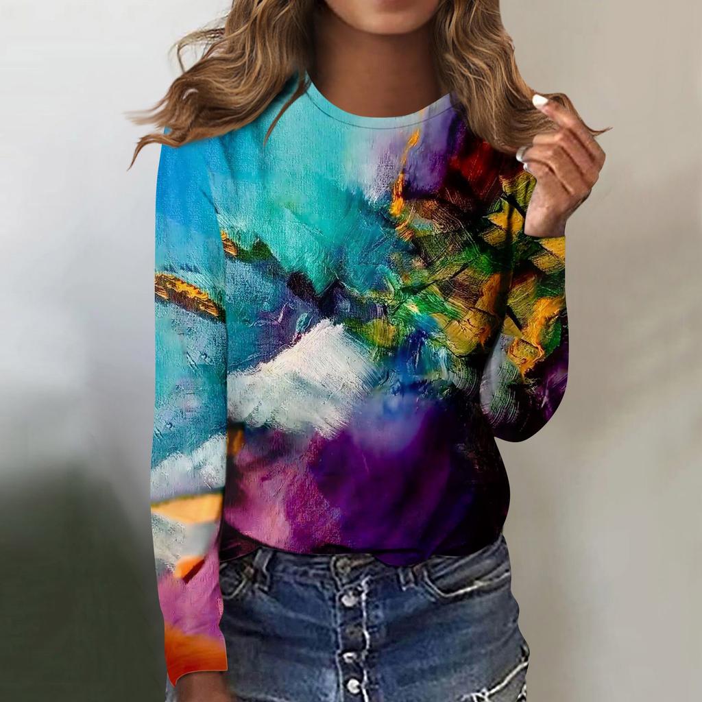 Women's Fashion Casual Long Sleeve Print Round Neck Pullover Top Blouse