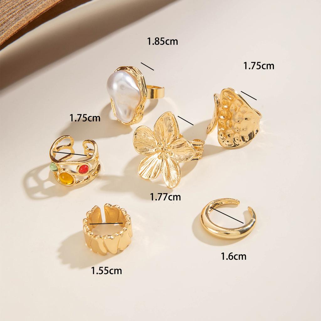 New Unique Design Liquid State Lava Flower Open Mouth Rings for Wonen Baroque Pearl Combination Ring Six-Piece Rings Set Jewelry