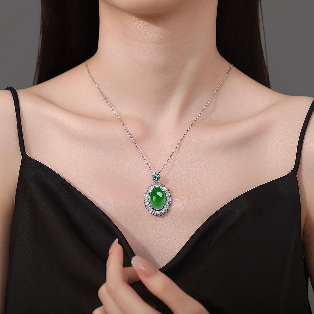 925 Sterling Silver Temperament Retro Round Green Full Diamond Zircon Necklace Wedding Anniversary Anniversary Party Gift