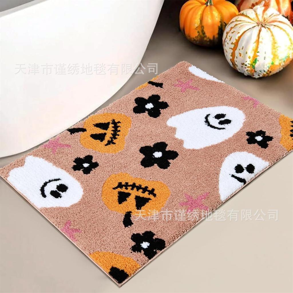 Halloween Faux Area Rug 60x90cm Ghost Pattern Decorative Floor Mat Soft Plush Surface Non Slip Backing for Indoor Home Entryway Living Room Bedroom