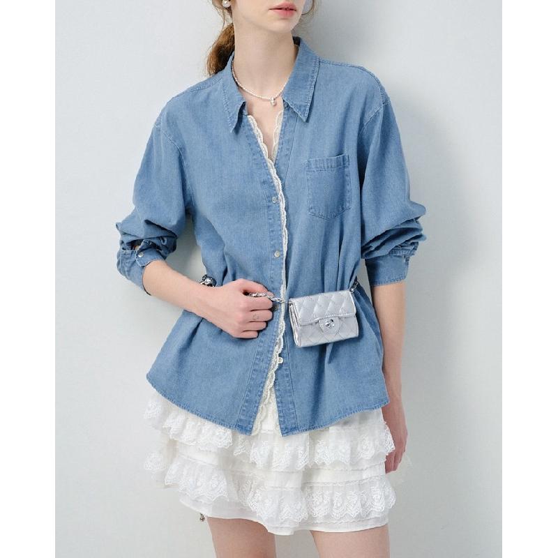 White long-sleeve women's shirt, 2026 spring new style, European style lace trim loose top