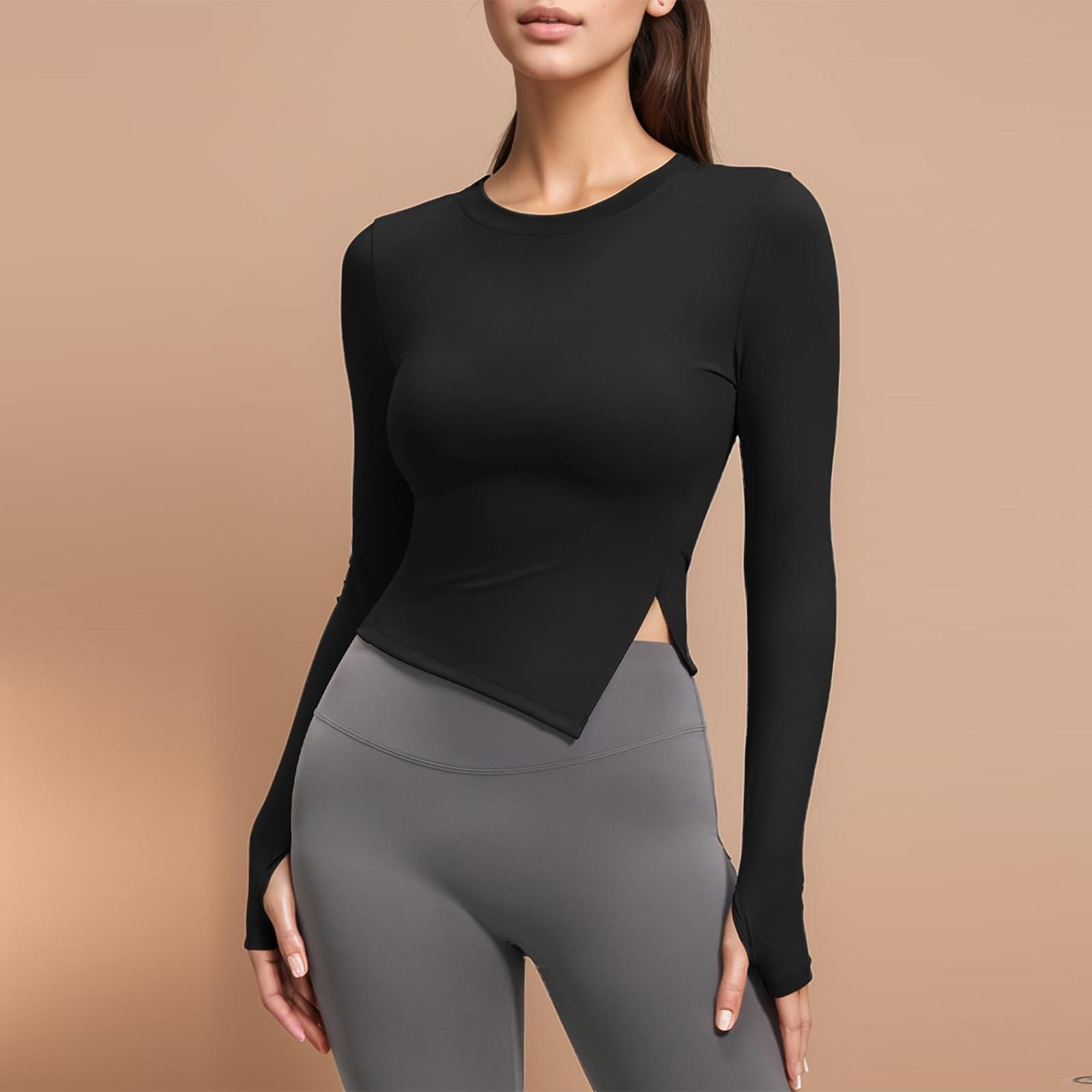 Women s Slim-Fit Split-Hem Moisture-Wicking Breathable Long-Sleeve Yoga Top M