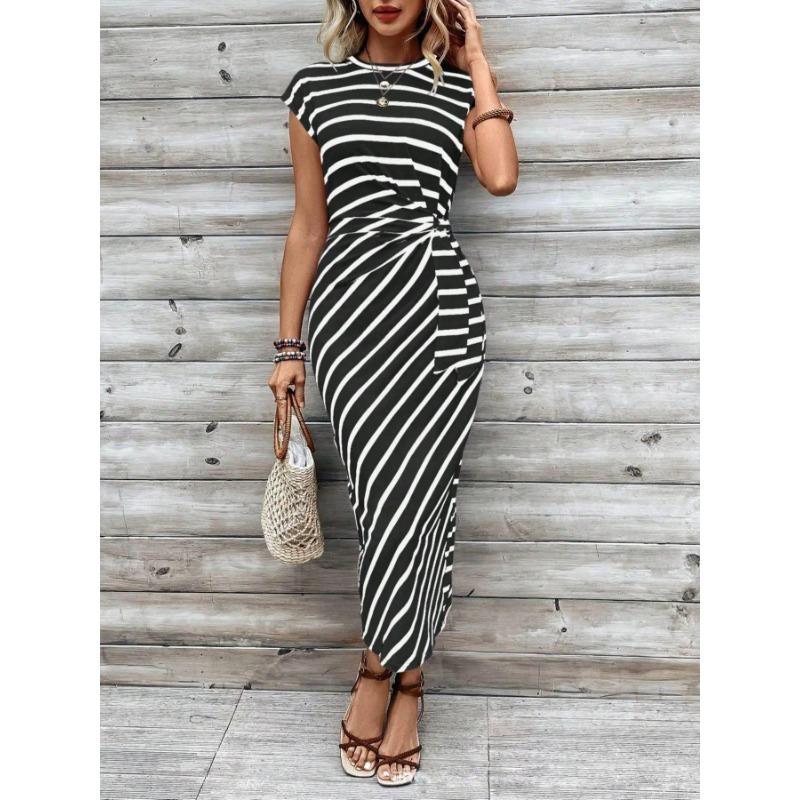 Damen Sommer Temperament Elegant Taille Binden Streifen Rundhals Kurzarm Lange Kleider