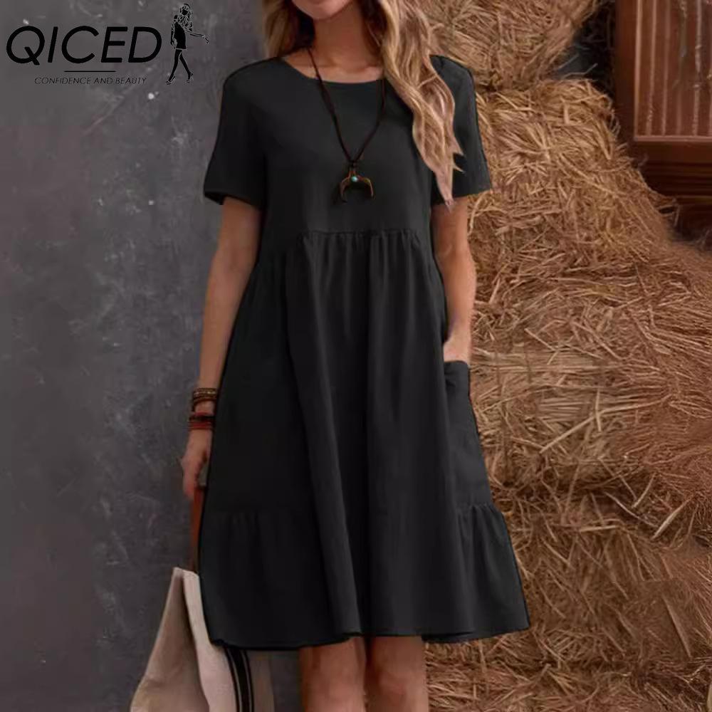 QICED Women's Fashion Summer Spring Solid Color Print O-Neck High Waist Casual Dresses