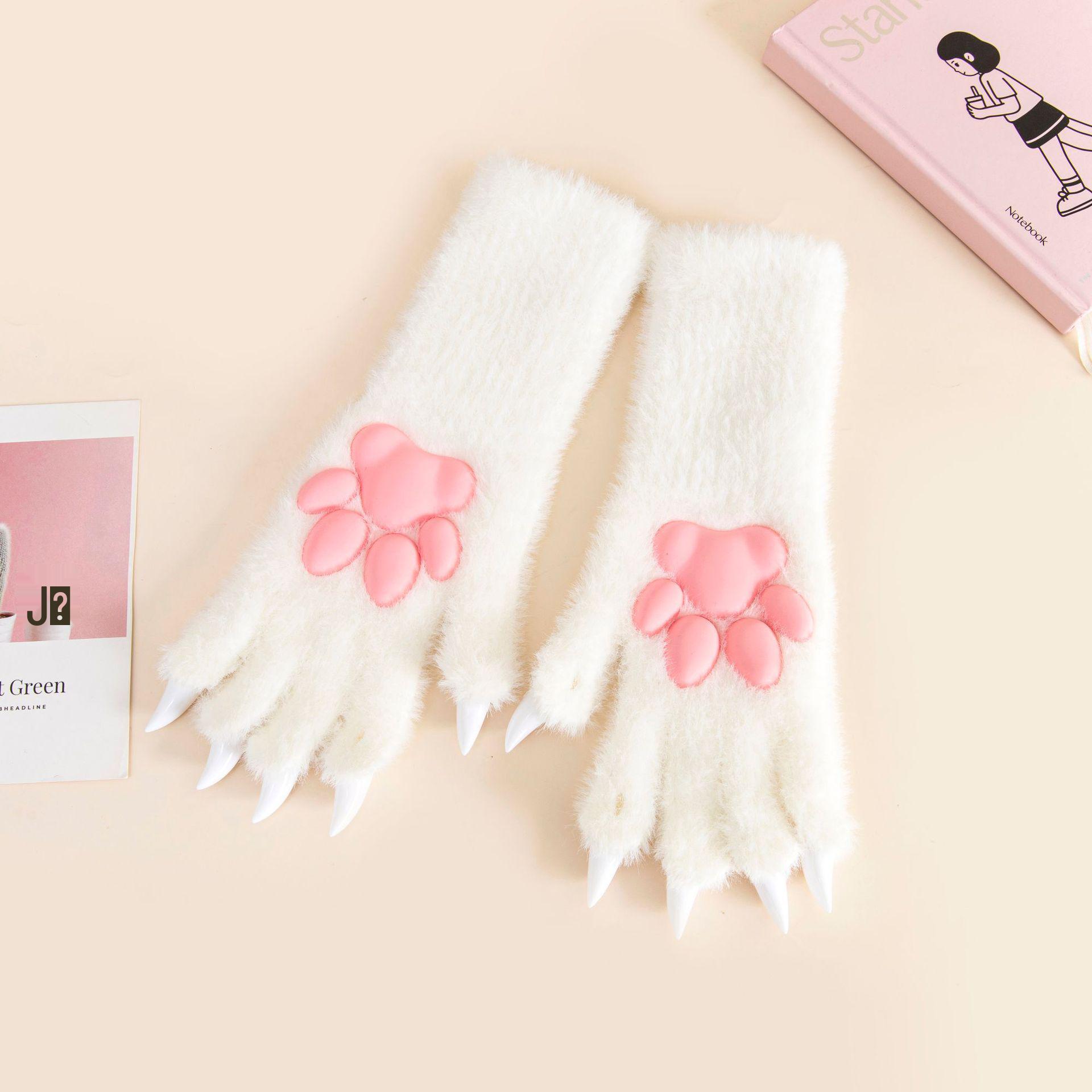 Трансграничные Хэллоуин Косплей Теплые Плюшевые Перчатки Лапы Кошки - Мультяшный Котенок Фурсьют One size белый