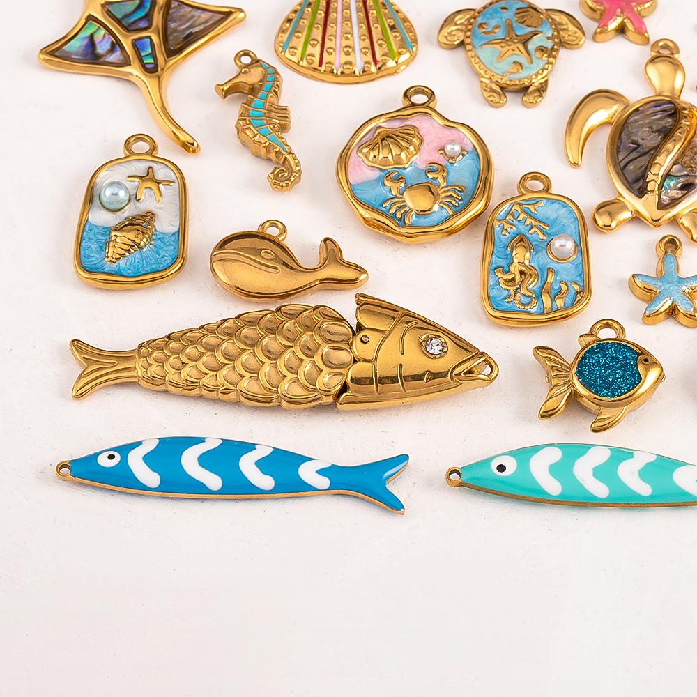 2pcs Stainless Steel Marine Animals Pendant Shell Turtle Starfish Demon Fish Necklace Earring Charm for Jewelry Making Supplies
