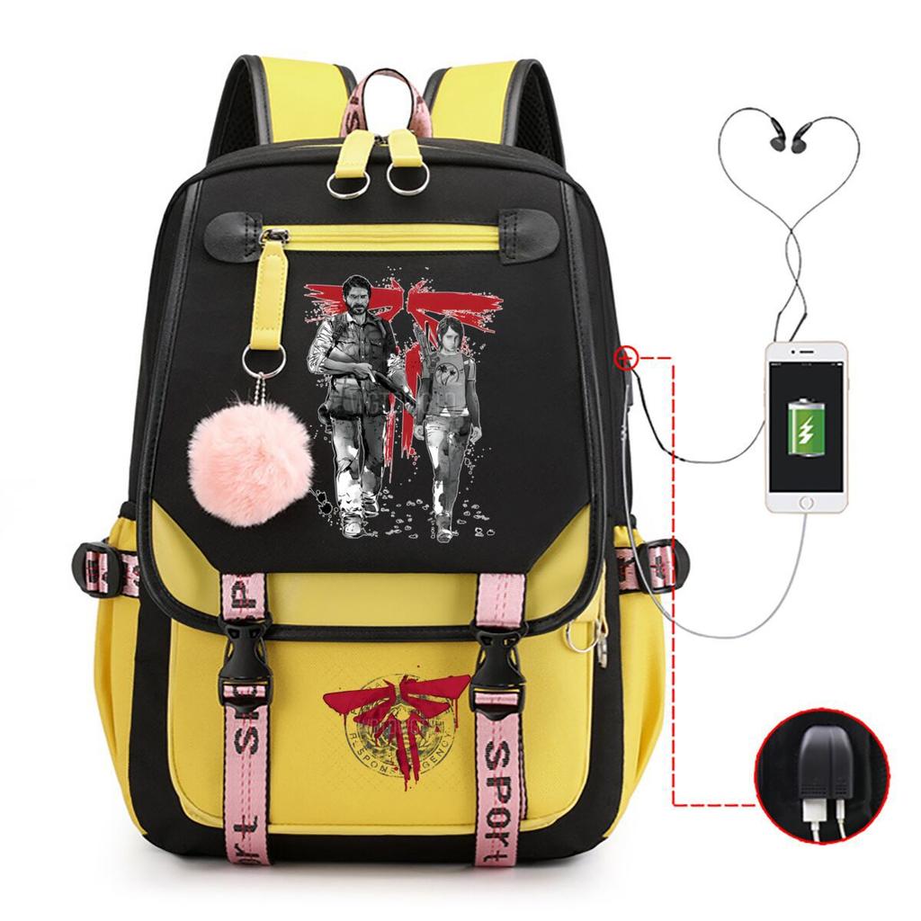 Trend Printing Student Casual Schoolbag Contrasting Color Neutral USB Backpack