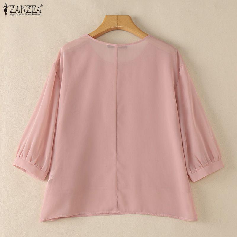 ZANZEA Women Casual Round Neck Solid Color Loose 3/4 Sleeve Blouse