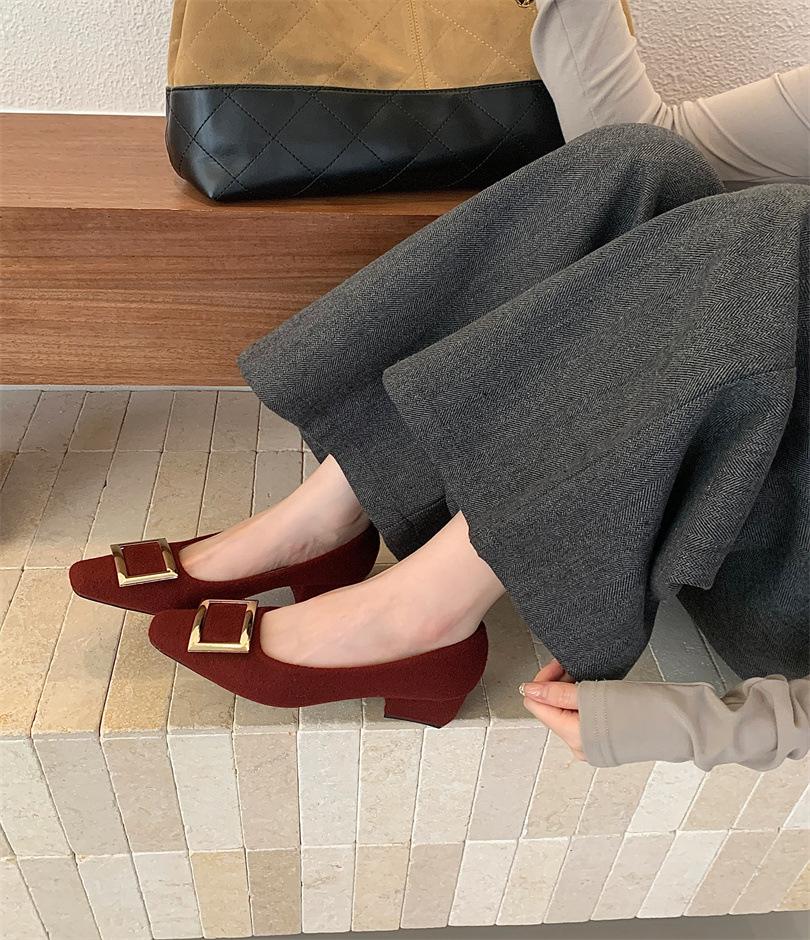 2025 autumn new metal square buckle light mouth single shoes women's thick heel square head commuting Mary Jane shoes
