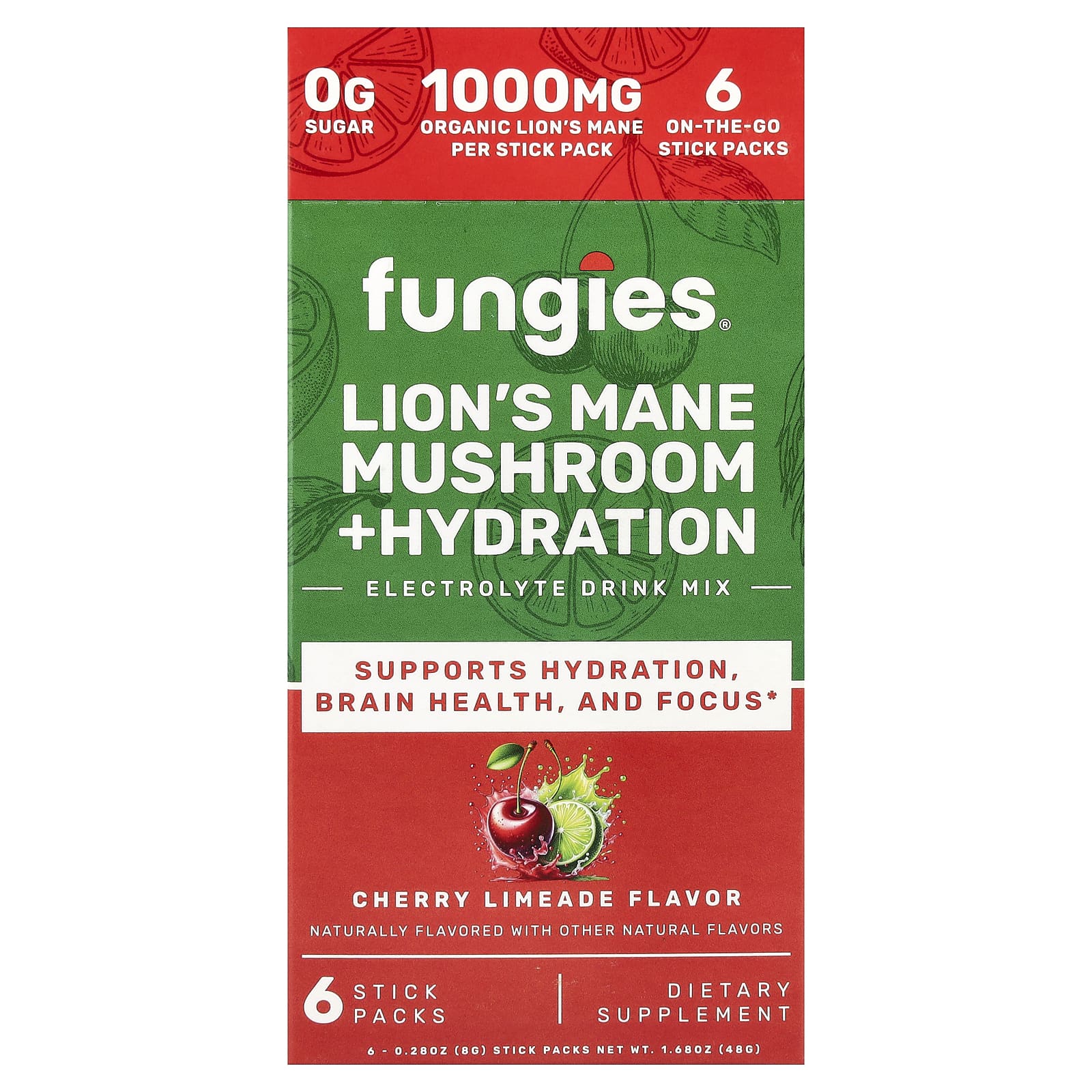 

Fungies, Reishi Mushroom + Hydration, Electrolyte Drink Mix, Cherry Limeade, 6 Stick Packs, 8g (0.28oz) Each