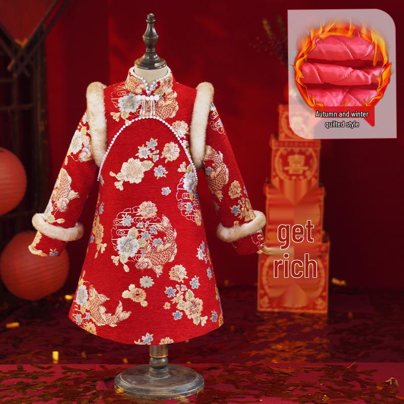 

Toddler Girls Winter Cheongsam: Thick Padded Tang Suit Dress for New Year Celebrations 160cm