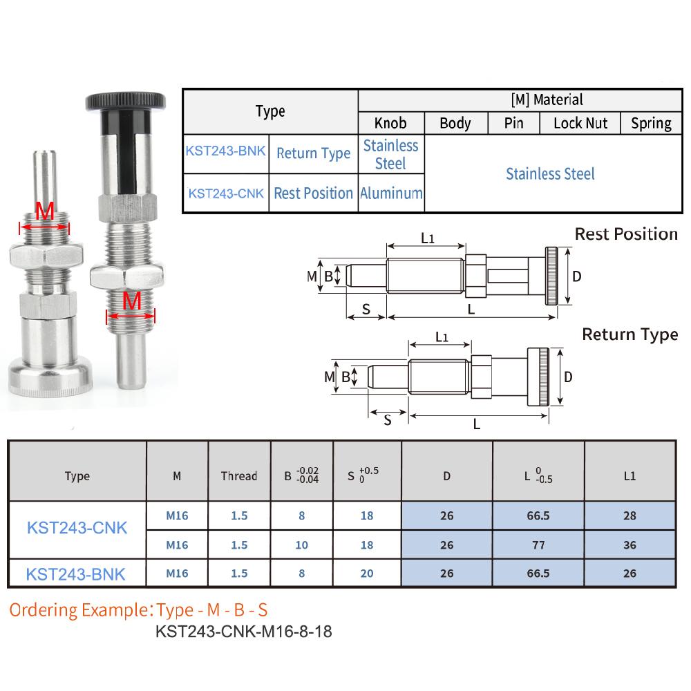 

Long Stroke M16x1.5 Thread Retractable Indexing Plunger Aluminum/Stainless Steel Knob Stainless Steel Body Spring Plunger 1pc KST243-BNK-M16-8-20