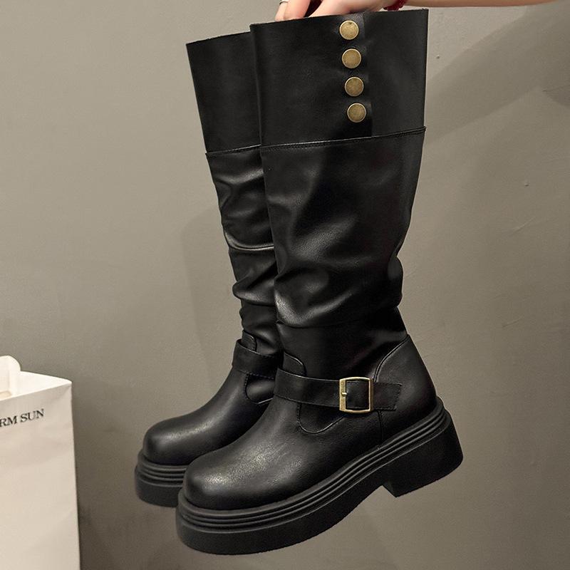 Brown retro British style thick heel platform boots women's 2025 new autumn and winter thin boots knight boots