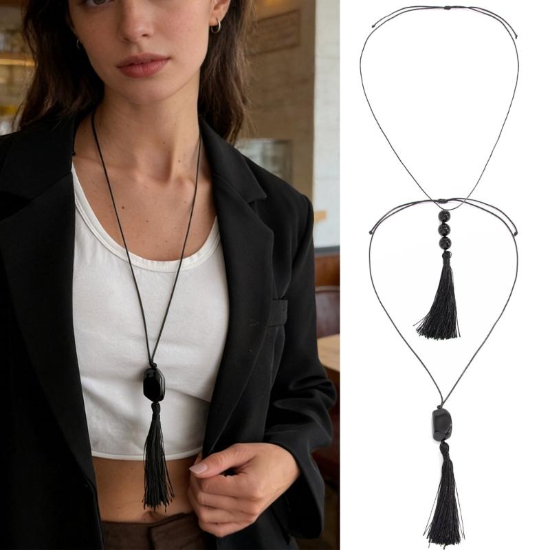 Stylish Retro Long Beaded Necklace Featuring Black Resin Pendant And Delicate Fringe Designs For Daily Wear