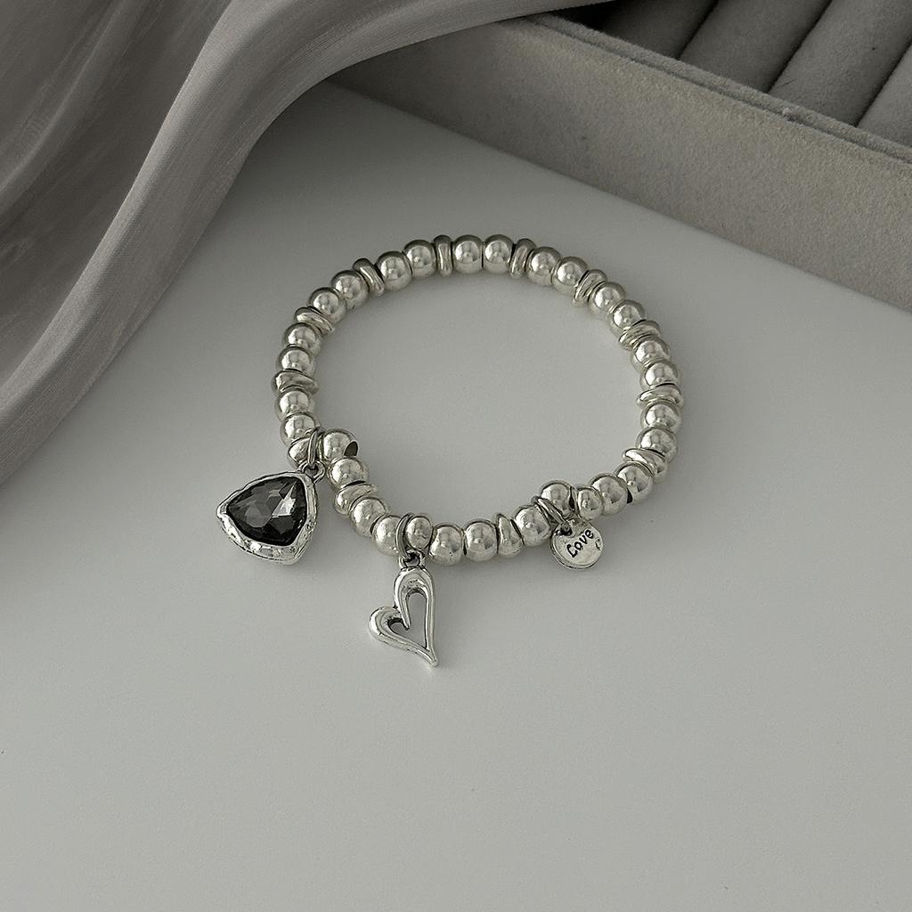 SHIXIN Vintage Acrylic Rhinestone Heart Pendant Bracelet Women Simple Silver Color Elastic Beaded Bracelet Jewelry Accessories