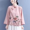 Women's Mandarin Collar Three Quarter Sleeve Blouse Loose Vintage Floral Embroidery Frog Button Chinese Style Shirt