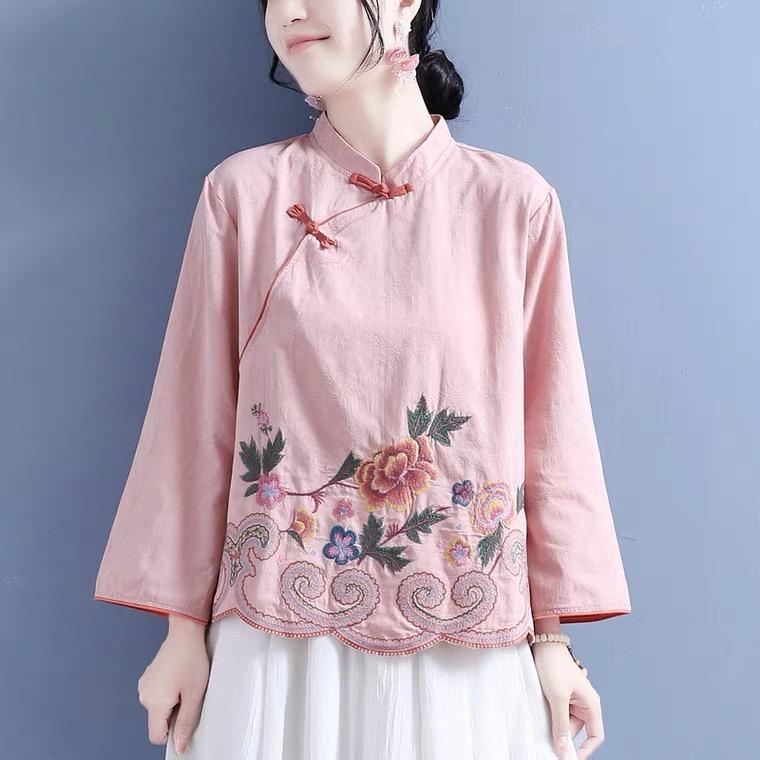 Women Chinese Style Cotton Linen Blouse Mandarin Collar Asymmetric Frog Button Peony Embroidery Three Quarter Sleeve Loose Traditional Ethnic Top